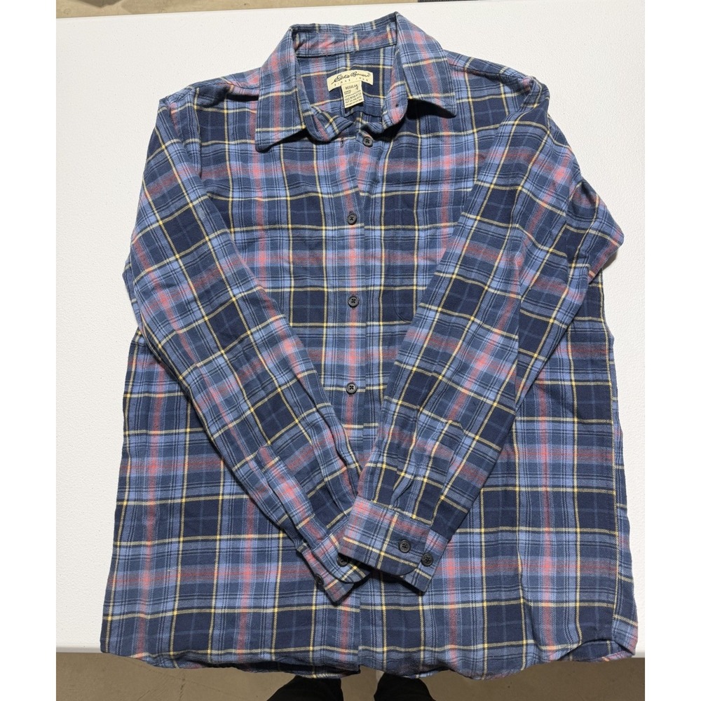 Vintage Eddie Bauer Plaid Flannel Shirt Blue Button Front Long Sleeve S Women's